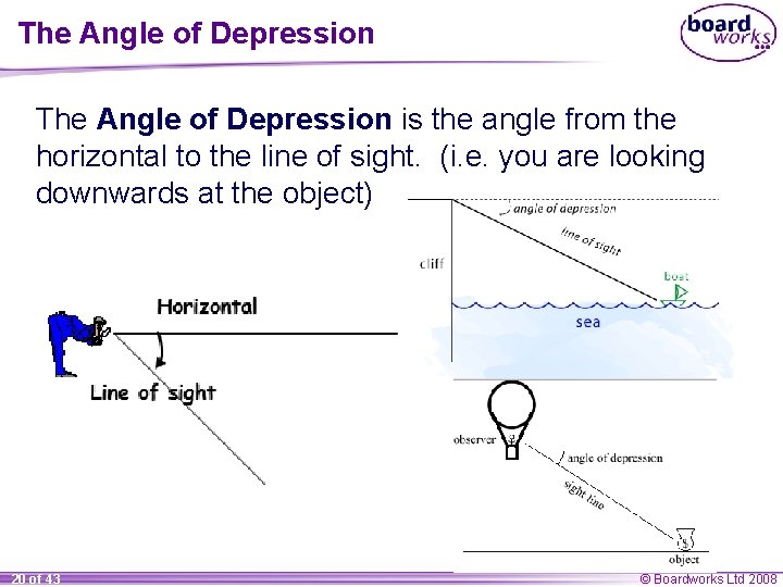 The Angle of Depression is the angle from the horizontal to the line of