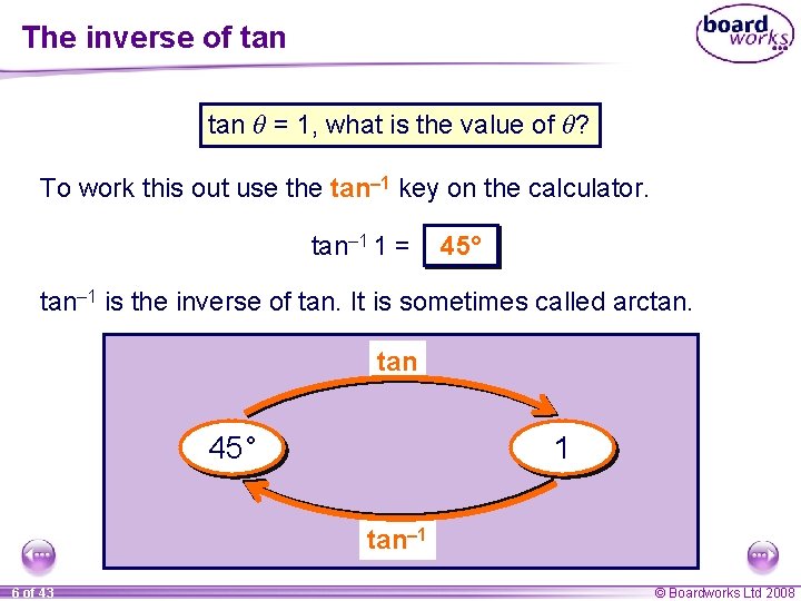 The inverse of tan θ = 1, what is the value of θ? To