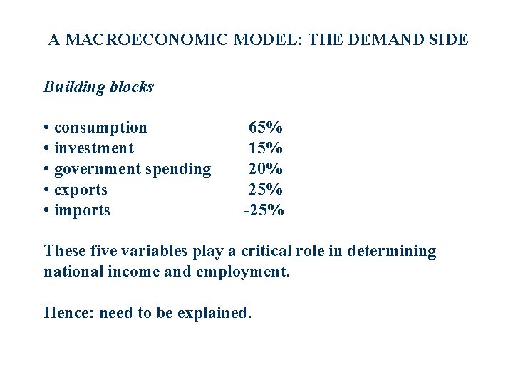 A MACROECONOMIC MODEL: THE DEMAND SIDE Building blocks • consumption • investment • government