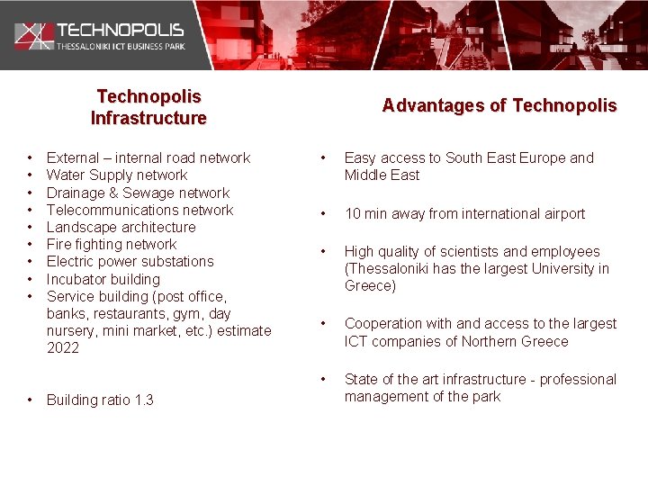 Technopolis Infrastructure • • • External – internal road network Water Supply network Drainage