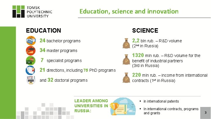Education, science and innovation EDUCATION SCIENCE 24 bachelor programs 34 master programs 7 specialist