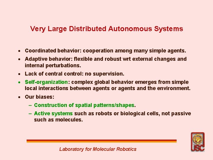 Very Large Distributed Autonomous Systems · Coordinated behavior: cooperation among many simple agents. ·