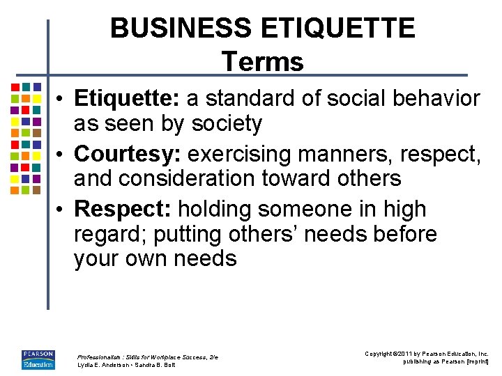 BUSINESS ETIQUETTE Terms • Etiquette: a standard of social behavior as seen by society