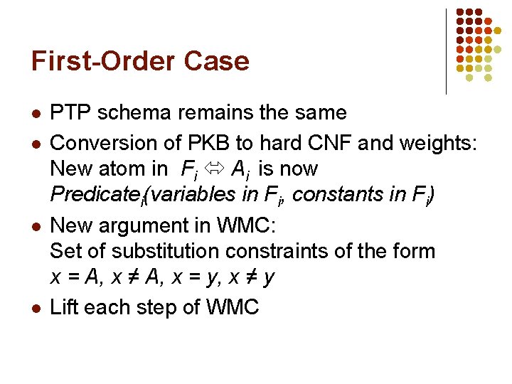 First-Order Case l l PTP schema remains the same Conversion of PKB to hard