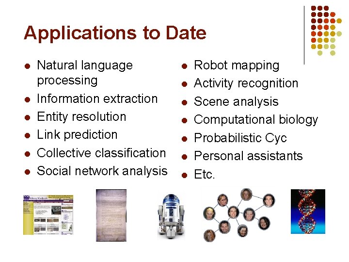 Applications to Date l l l Natural language processing Information extraction Entity resolution Link