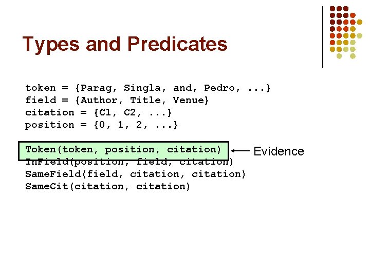 Types and Predicates token = {Parag, Singla, and, Pedro, . . . } field