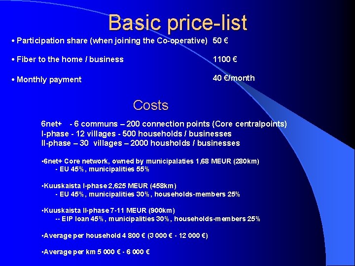 Basic price-list • Participation share (when joining the Co-operative) 50 € • Fiber to