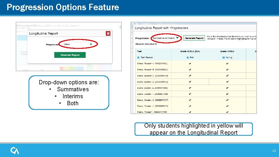 Progression Options Feature Drop-down options are: • Summatives • Interims • Both Only students Progression Options Feature Drop-down options are: • Summatives • Interims • Both Only students