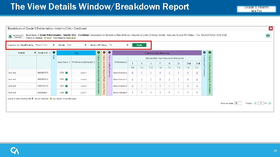 The View Details Window/Breakdown Report Grade 5 Interim MATH 39 The View Details Window/Breakdown Report Grade 5 Interim MATH 39