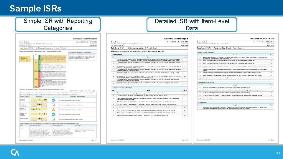 Sample ISRs Simple ISR with Reporting Categories Detailed ISR with Item-Level Data 64 Sample ISRs Simple ISR with Reporting Categories Detailed ISR with Item-Level Data 64
