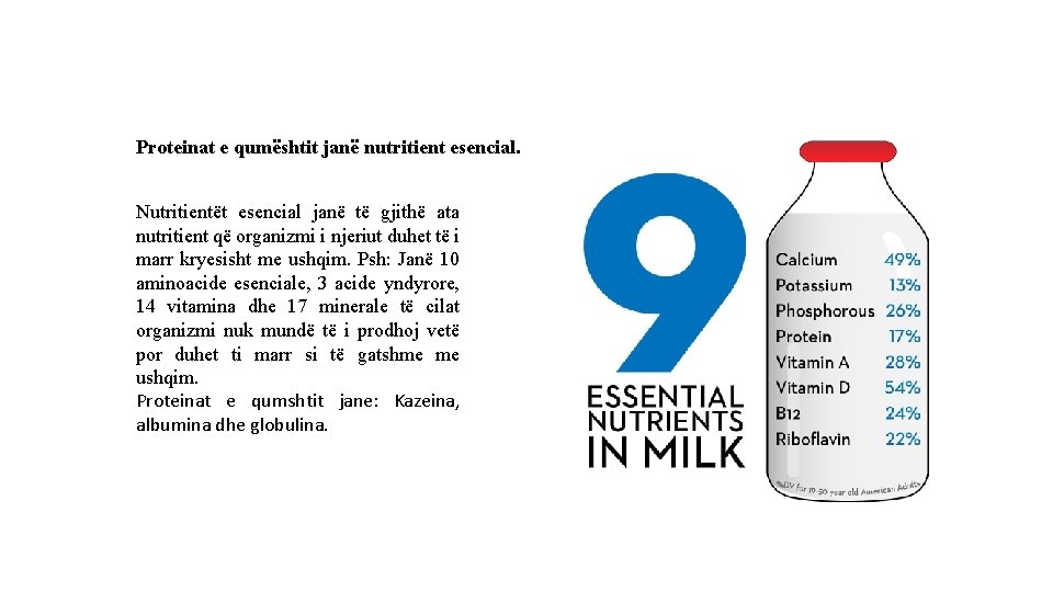 Proteinat e qumështit janë nutritient esencial. Nutritientët esencial janë të gjithë ata nutritient që