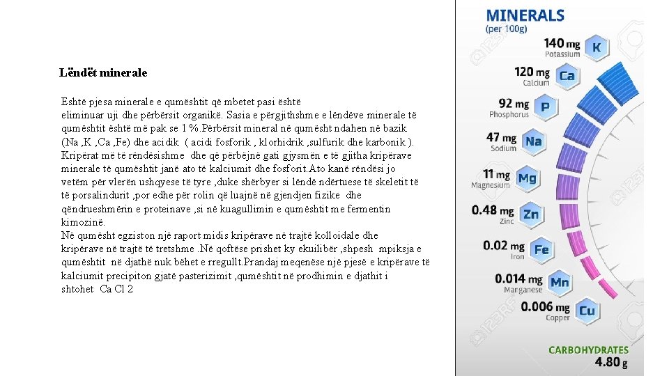  Lëndët minerale Eshtë pjesa minerale e qumështit që mbetet pasi është eliminuar uji