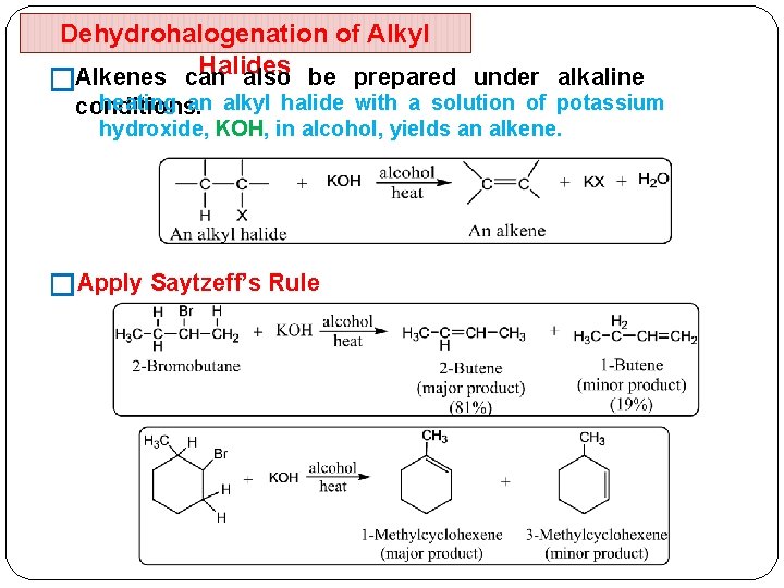 Dehydrohalogenation of Alkyl Halides Alkenes can also be prepared under alkaline � heating an