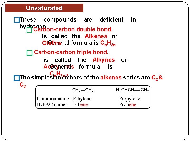 Unsaturated Hydrocarbons �These compounds are deficient hydrogen �Carbon-carbon double bond. in is called the