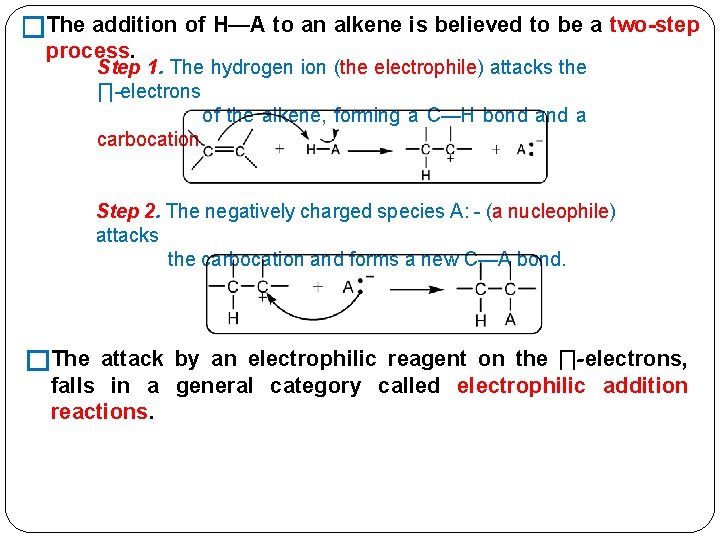 �The addition of H—A to an alkene is believed to be a two-step process.