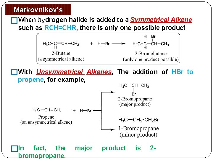 Markovnikov’s Rule hydrogen halide is added to a Symmetrical Alkene �When such as RCH=CHR,