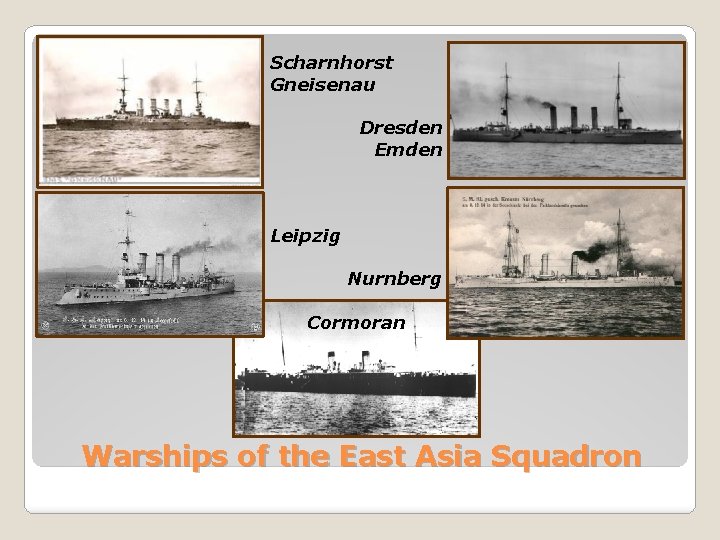 Scharnhorst Gneisenau Dresden Emden Leipzig Nurnberg Cormoran Warships of the East Asia Squadron 