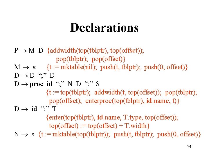 Declarations P M D {addwidth(top(tblptr), top(offset)); pop(tblptr); pop(offset)} M {t : = mktable(nil); push(t,