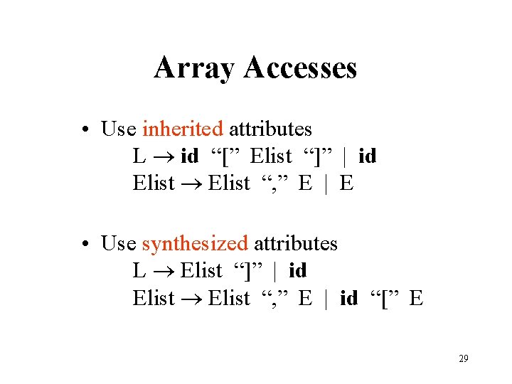 Array Accesses • Use inherited attributes L id “[” Elist “]” | id Elist