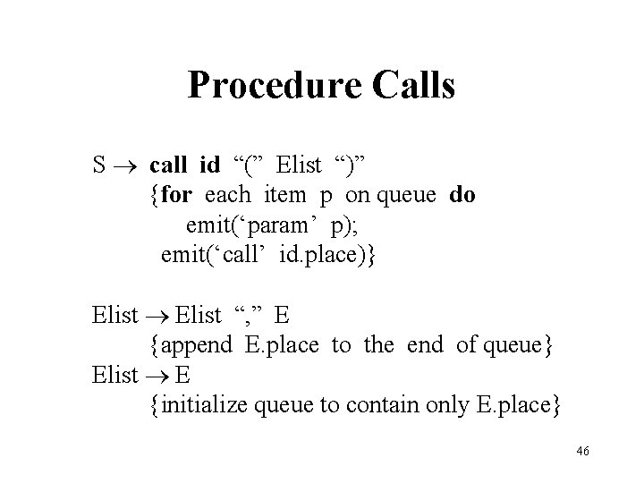 Procedure Calls S call id “(” Elist “)” {for each item p on queue