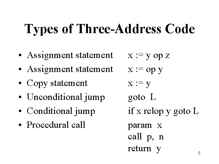 Types of Three-Address Code • • • Assignment statement Copy statement Unconditional jump Conditional