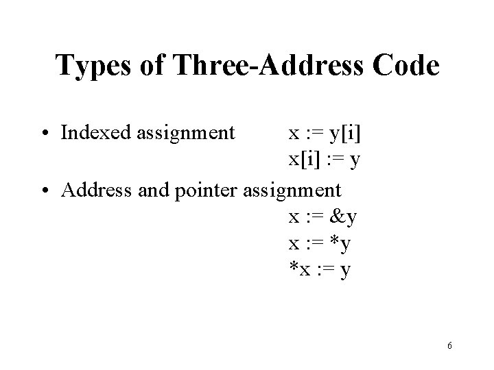 Types of Three-Address Code • Indexed assignment x : = y[i] x[i] : =