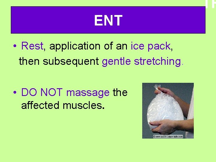 TR ENT • Rest, application of an ice pack, then subsequent gentle stretching. •