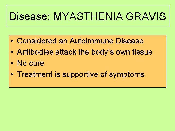 Disease: MYASTHENIA GRAVIS • • Considered an Autoimmune Disease Antibodies attack the body’s own