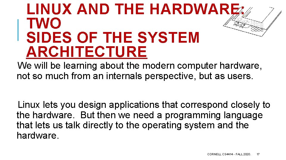 LINUX AND THE HARDWARE: TWO SIDES OF THE SYSTEM ARCHITECTURE We will be learning