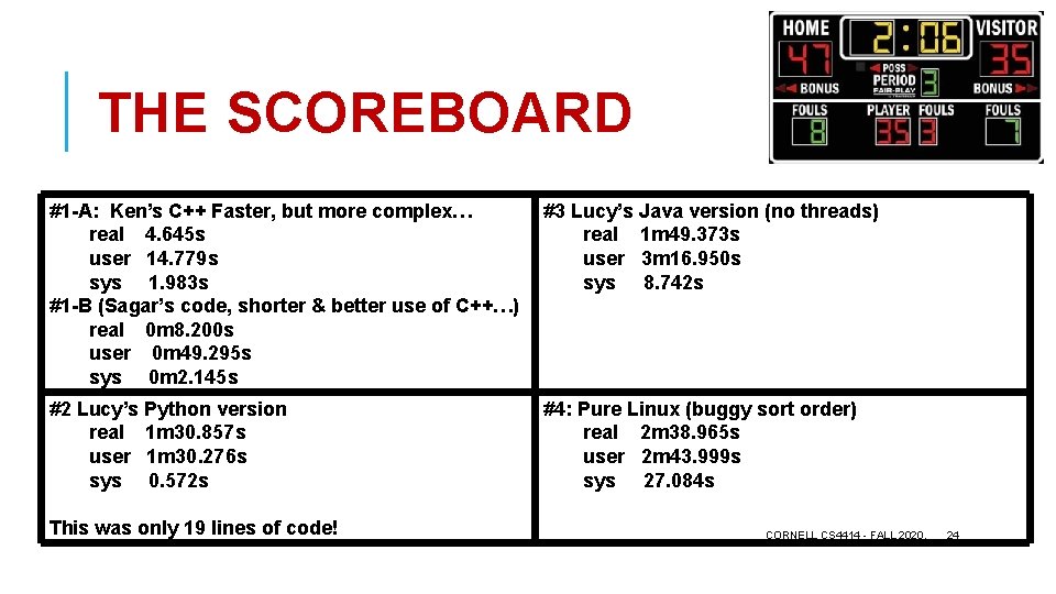 THE SCOREBOARD #1 -A: Ken’s C++ Faster, but more complex… real 4. 645 s