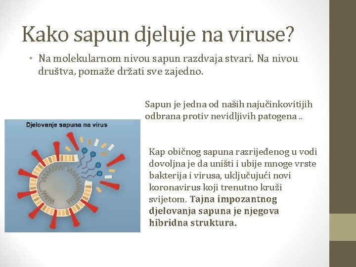 Kako sapun djeluje na viruse? • Na molekularnom nivou sapun razdvaja stvari. Na nivou