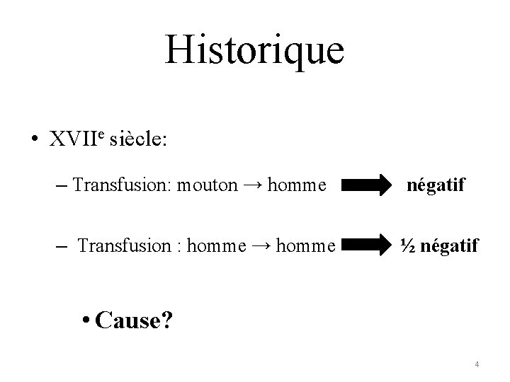 Historique • XVIIe siècle: – Transfusion: mouton → homme négatif – Transfusion : homme Historique • XVIIe siècle: – Transfusion: mouton → homme négatif – Transfusion : homme
