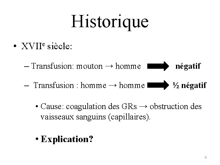Historique • XVIIe siècle: – Transfusion: mouton → homme négatif – Transfusion : homme Historique • XVIIe siècle: – Transfusion: mouton → homme négatif – Transfusion : homme