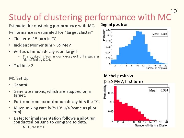 10 Study of clustering performance with MC Estimate the clustering performance with MC. Performance