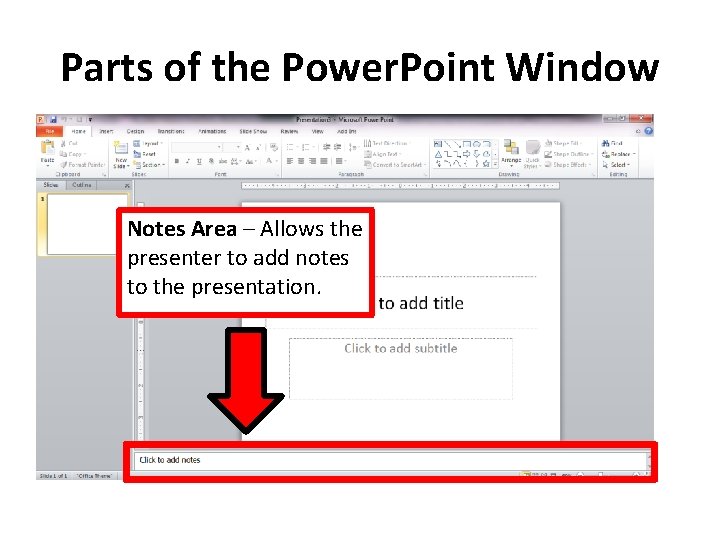 Parts of the Power. Point Window Notes Area – Allows the presenter to add