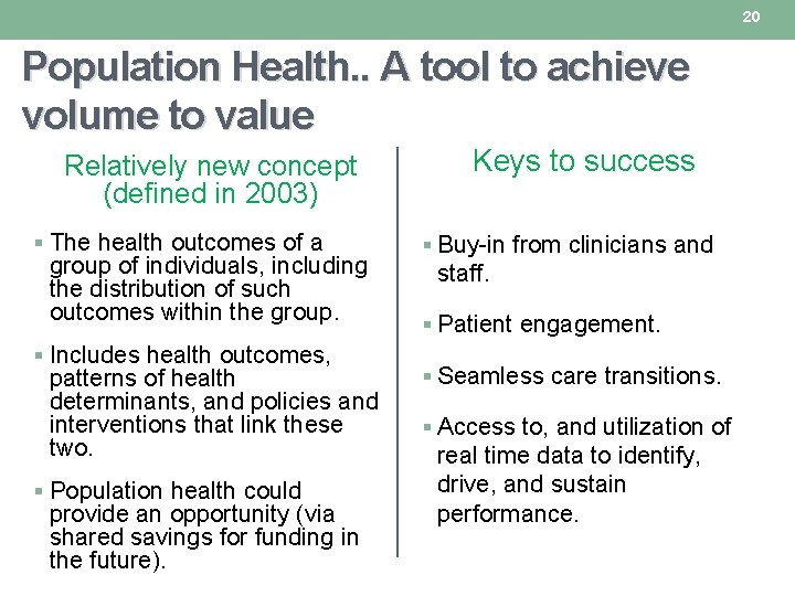 20 Population Health. . A tool to achieve volume to value Relatively new concept 20 Population Health. . A tool to achieve volume to value Relatively new concept