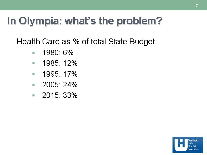 7 In Olympia: what’s the problem? Health Care as % of total State Budget: 7 In Olympia: what’s the problem? Health Care as % of total State Budget: