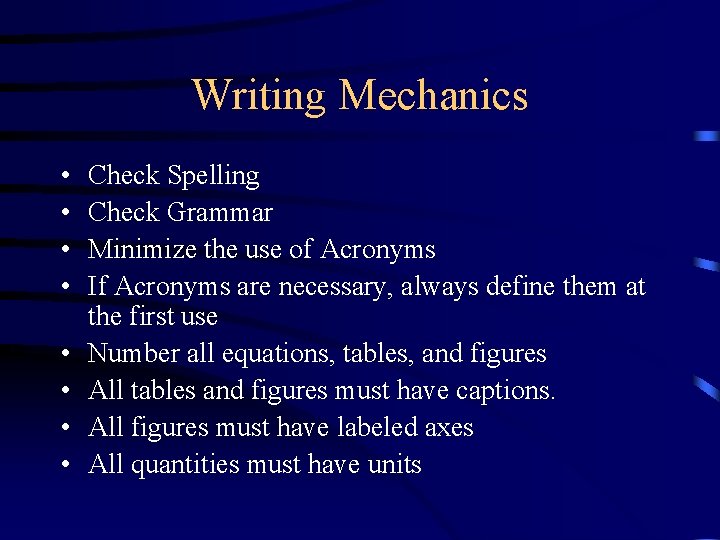 Writing Mechanics • • Check Spelling Check Grammar Minimize the use of Acronyms If