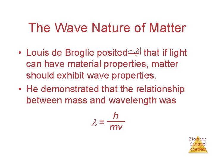 The Wave Nature of Matter • Louis de Broglie posited ﺃﺜﺒﺖ that if light The Wave Nature of Matter • Louis de Broglie posited ﺃﺜﺒﺖ that if light