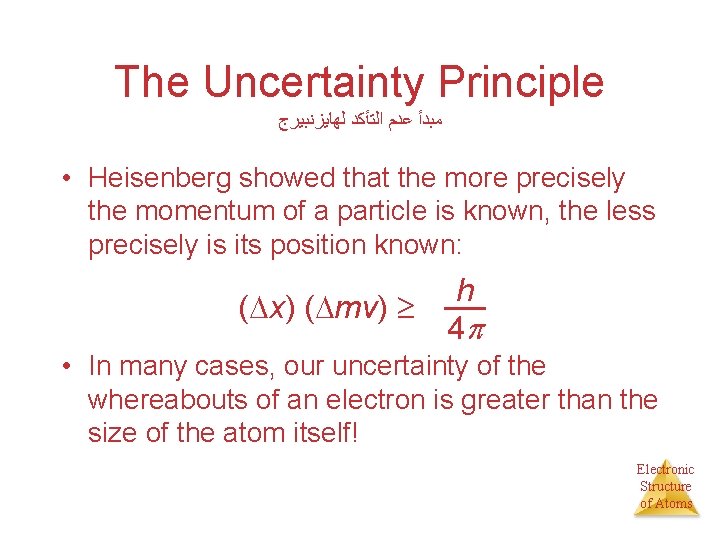 The Uncertainty Principle ﻟﻬﺎﻳﺰﻧﺒﻴﺮﺝ ﺍﻟﺘﺄﻜﺪ ﻋﺪﻡ ﻣﺒﺪﺃ • Heisenberg showed that the more precisely The Uncertainty Principle ﻟﻬﺎﻳﺰﻧﺒﻴﺮﺝ ﺍﻟﺘﺄﻜﺪ ﻋﺪﻡ ﻣﺒﺪﺃ • Heisenberg showed that the more precisely
