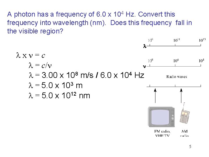 A photon has a frequency of 6. 0 x 104 Hz. Convert this frequency A photon has a frequency of 6. 0 x 104 Hz. Convert this frequency