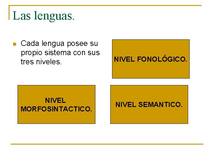 Las lenguas. n Cada lengua posee su propio sistema con sus tres niveles. NIVEL