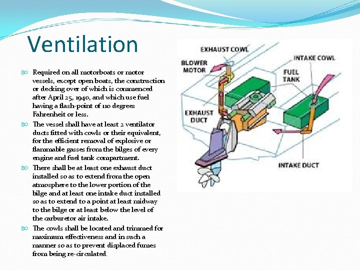 Ventilation Required on all motorboats or motor vessels, except open boats, the construction or