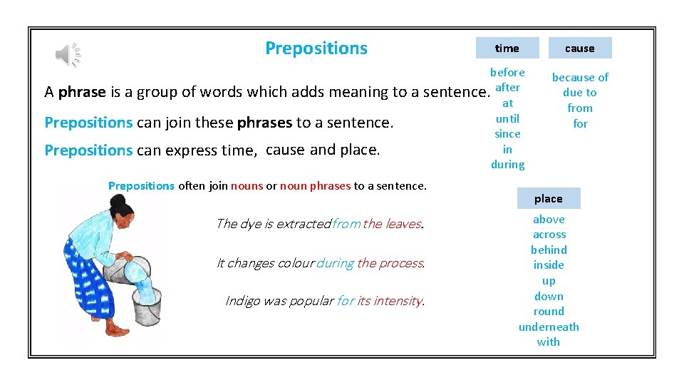 Prepositions before A phrase is a group of words which adds meaning to a