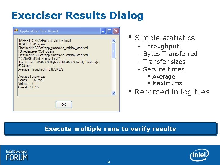 Exerciser Results Dialog Simple statistics - Throughput Bytes Transferred Transfer sizes Service times §