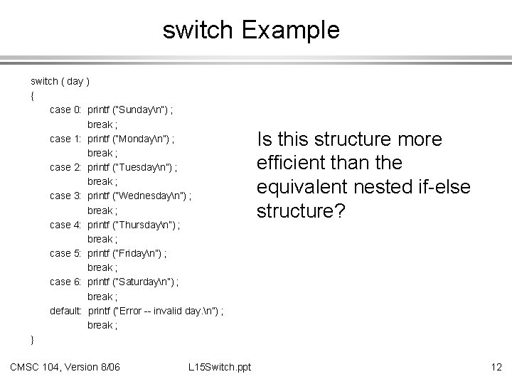 switch Example switch ( day ) { case 0: printf (“Sundayn”) ; break ;