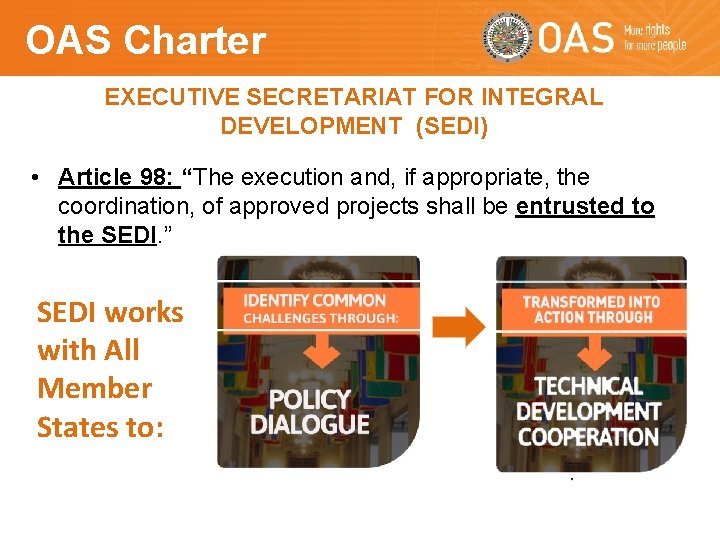 OAS Charter EXECUTIVE SECRETARIAT FOR INTEGRAL DEVELOPMENT (SEDI) • Article 98: “The execution and, OAS Charter EXECUTIVE SECRETARIAT FOR INTEGRAL DEVELOPMENT (SEDI) • Article 98: “The execution and,