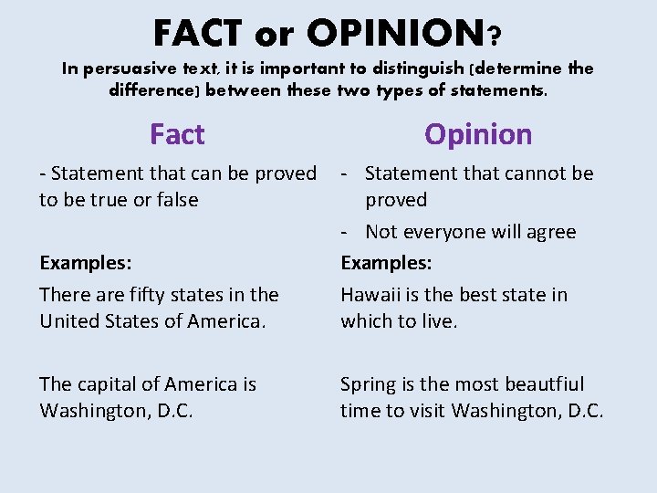 FACT or OPINION? In persuasive text, it is important to distinguish (determine the difference) FACT or OPINION? In persuasive text, it is important to distinguish (determine the difference)