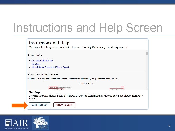 Instructions and Help Screen 10 