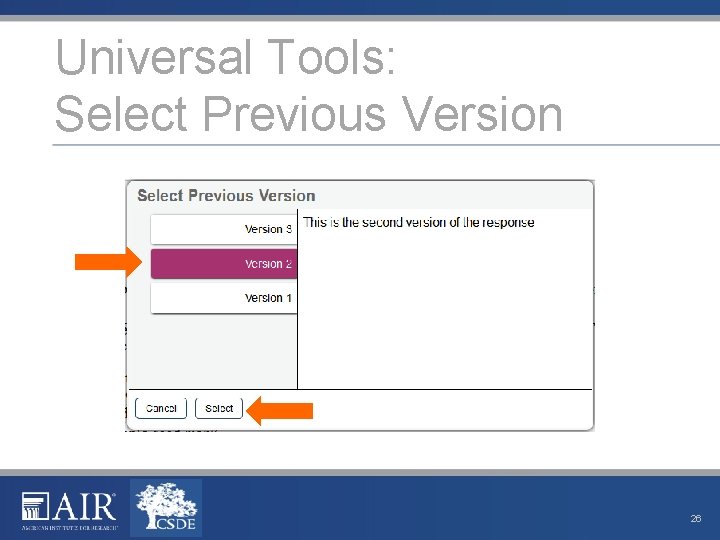 Universal Tools: Select Previous Version 26 